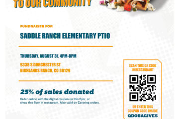 Participate on Aug 31, 2023 from 4:00pm to 8:00pm by showing this QR code at the register at this QDOBA location, or by ordering online at this location at qdoba.com using this digital coupon.