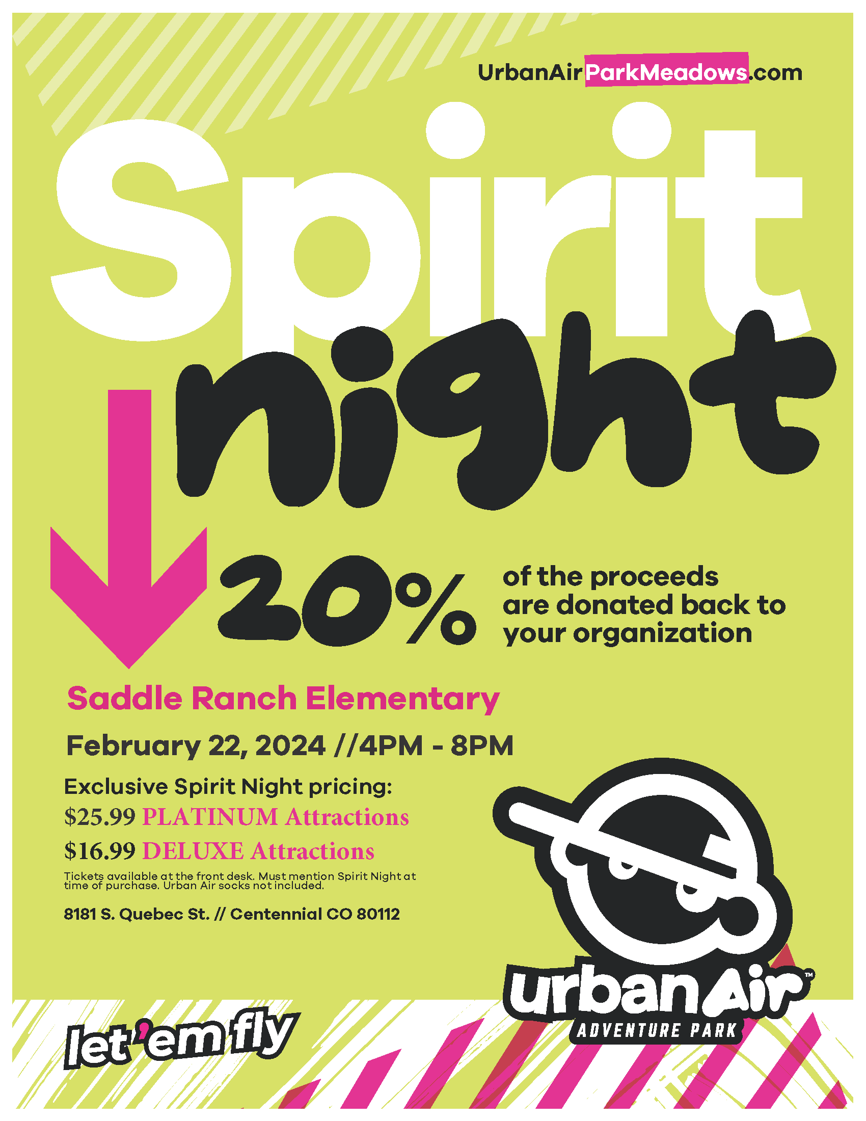 Urban Air Fundraiser Spirit Night for February 22nd with discounted tickets for sale at the door!