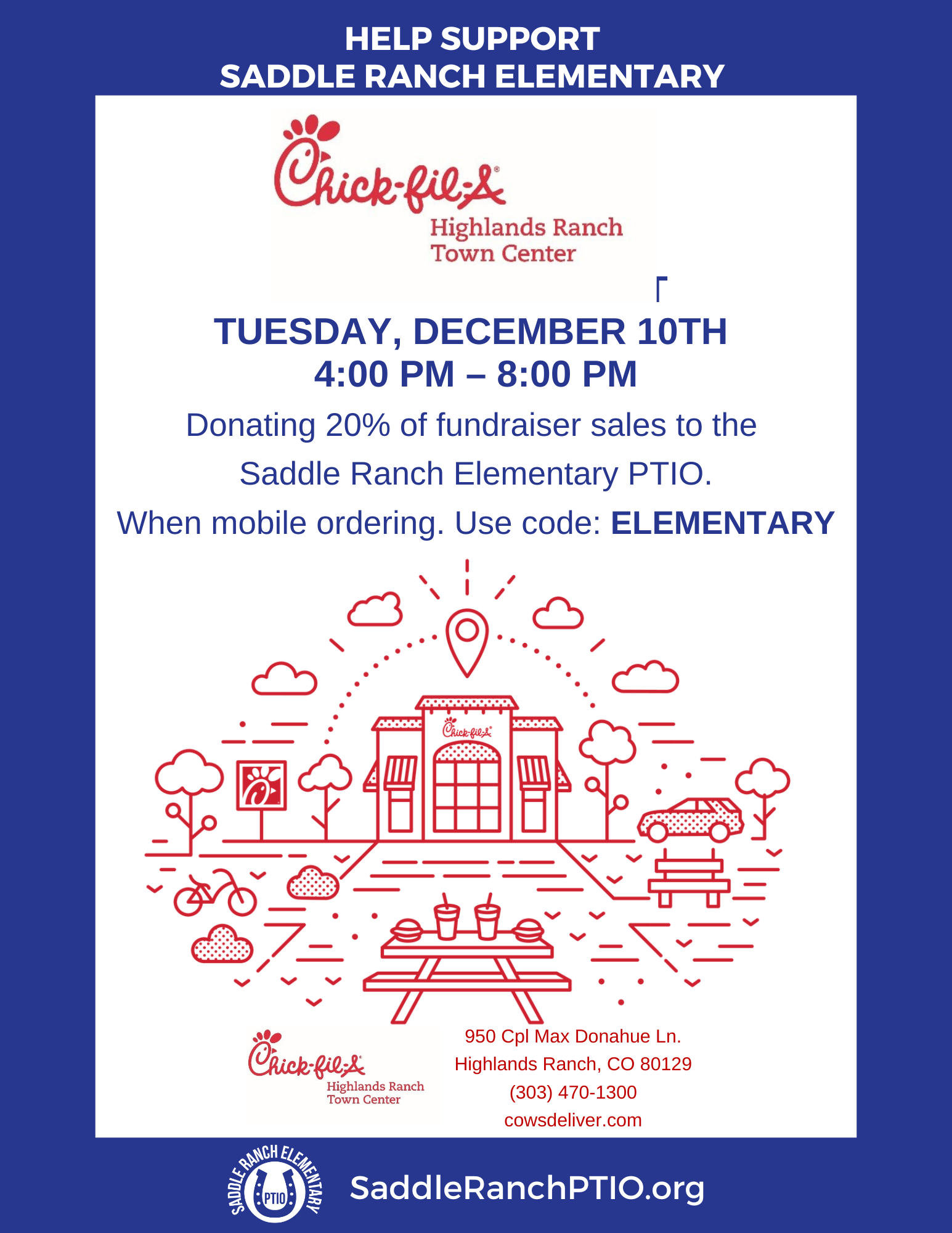 RESTAURANT night TUESDAY, DECEMBER 10th 4:00 pm – 8:00 pm Donating 20% of fundraiser sales to the Saddle Ranch Elementary PTIO. When mobile ordering. Use code: ELEMENTARY