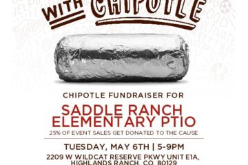 📅 Date: Tuesday, May 6th ⏰ Time: 5:00 PM – 9:00 PM 📍 Location: Chipotle, 2209 W Wildcat Reserve Pkwy Unit E1A, Highlands Ranch, CO 80129 Support Saddle Ranch Elementary PTO by grabbing dinner at Chipotle! 25% of event sales will be donated to SRE when you order in person and show this flyer or order online using code FG7XY76 at checkout.